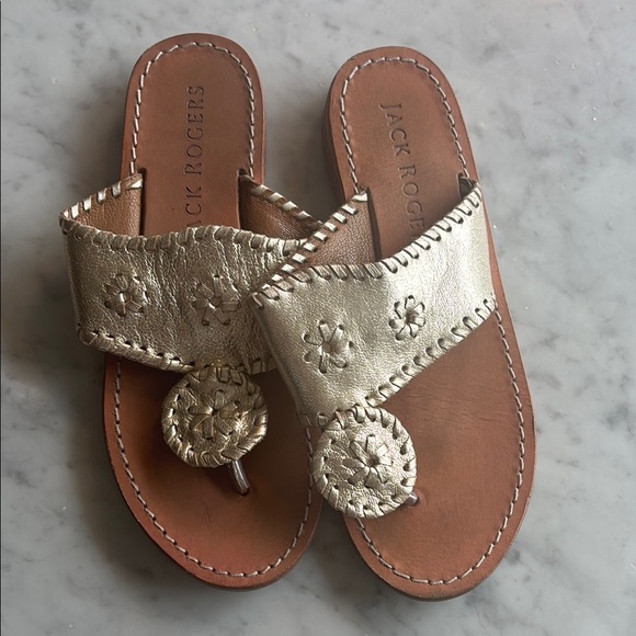 Jack Rogers Gold and Brown Sandals with Whipstitch Trim - Picture 1 of 3